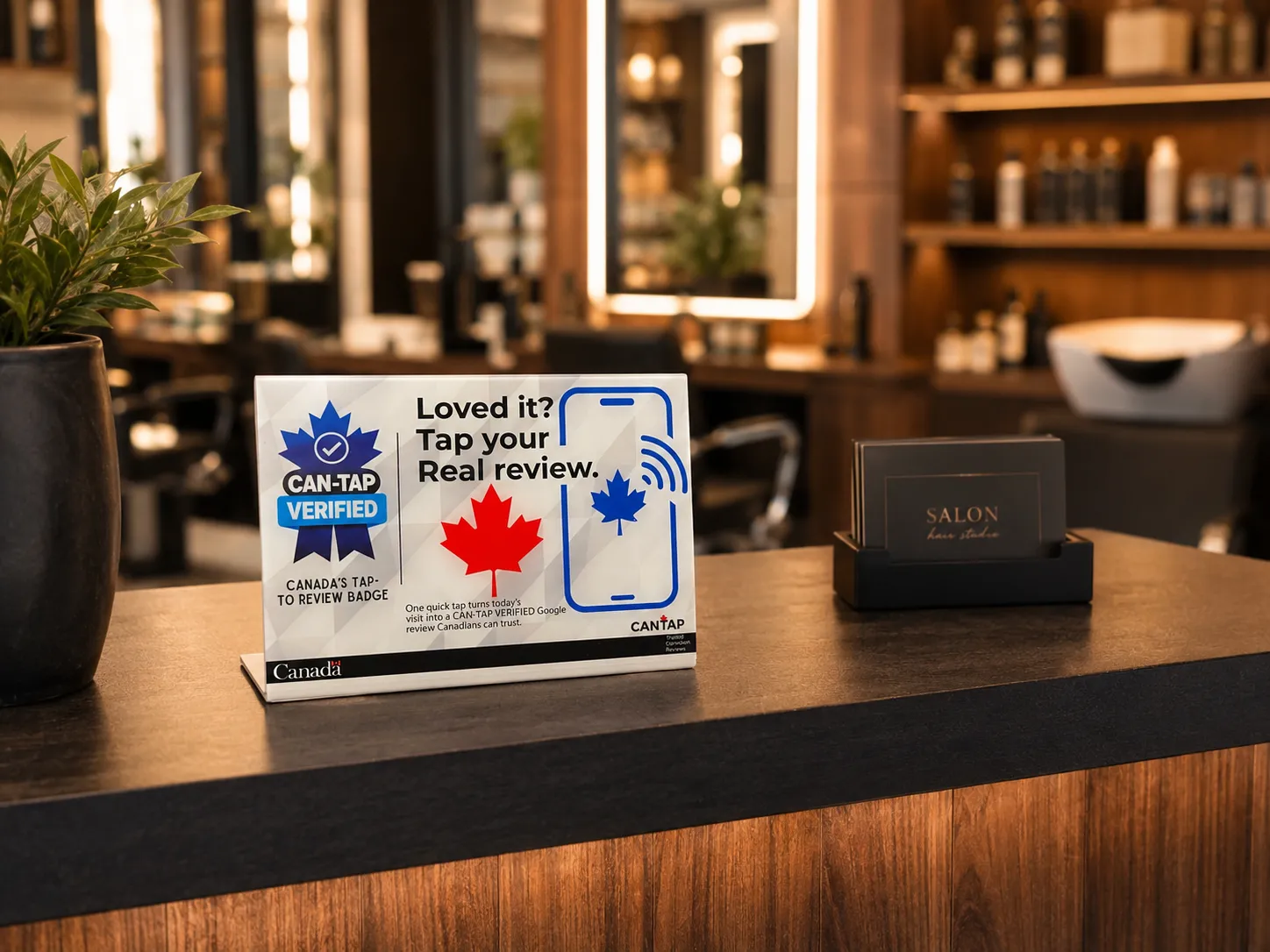 CAN-TAP VERIFIED NFC Google review sign on a hair salon reception counter for Welland, Ontario businesses.