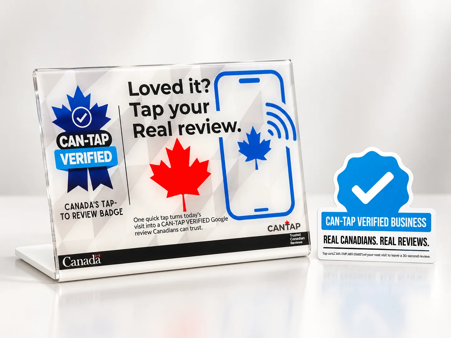 The CAN-TAP counter stand beside the blue-check door badge