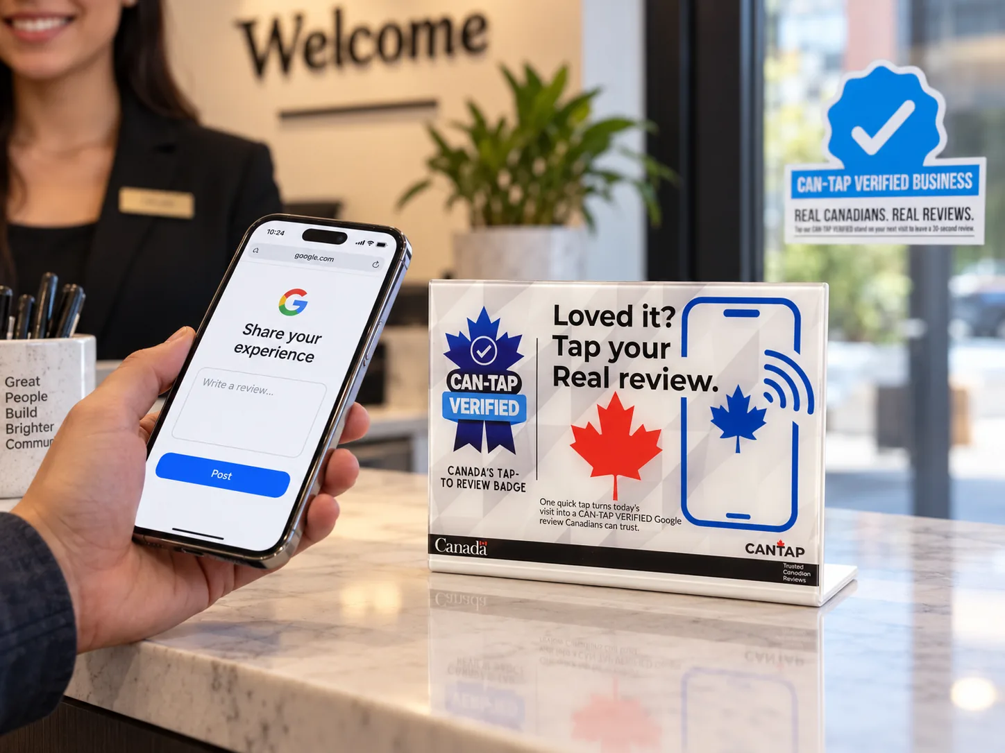 The CAN-TAP Verified Kit in a shop: the blue-check CAN-TAP VERIFIED BUSINESS door badge on the window, and the acrylic tap stand on the counter below it.