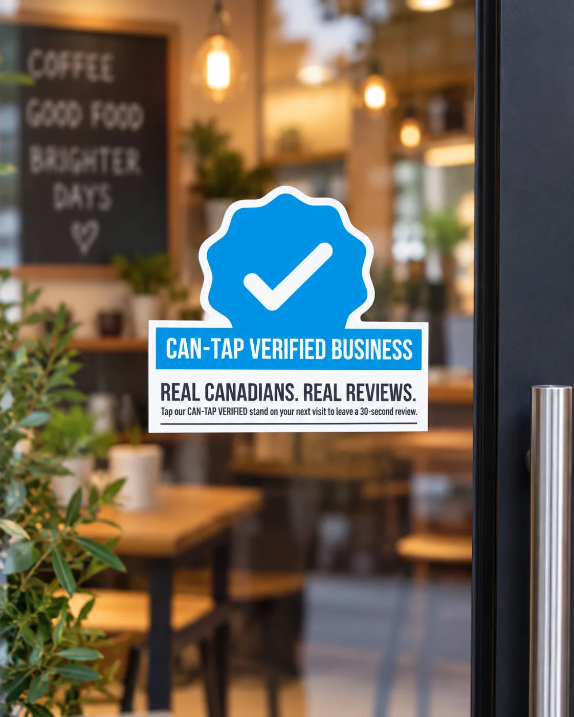 A 4 × 4 inch CAN-TAP VERIFIED BUSINESS badge on a café door