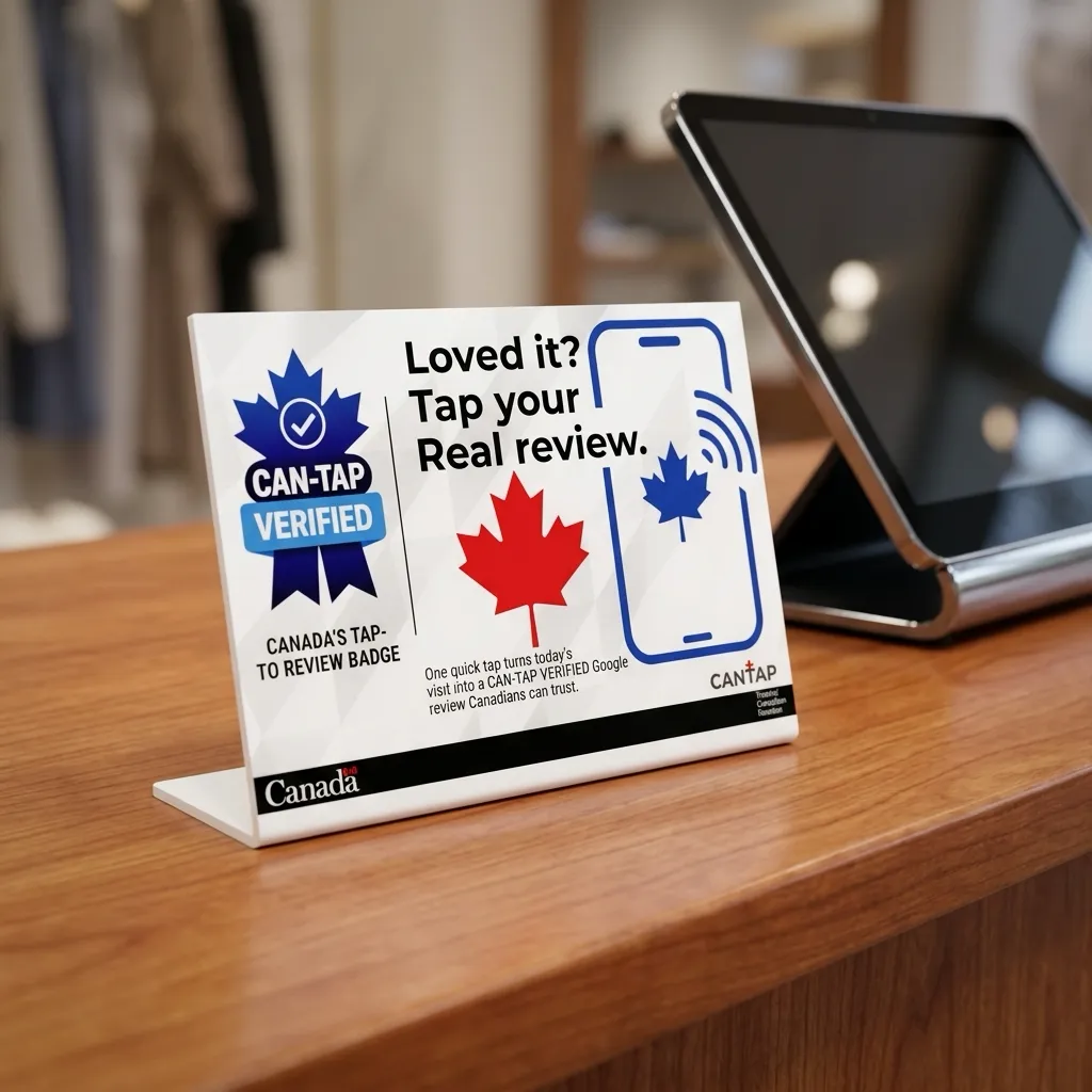 CAN-TAP NFC Google Review Stand — commercial acrylic counter display for Canadian businesses