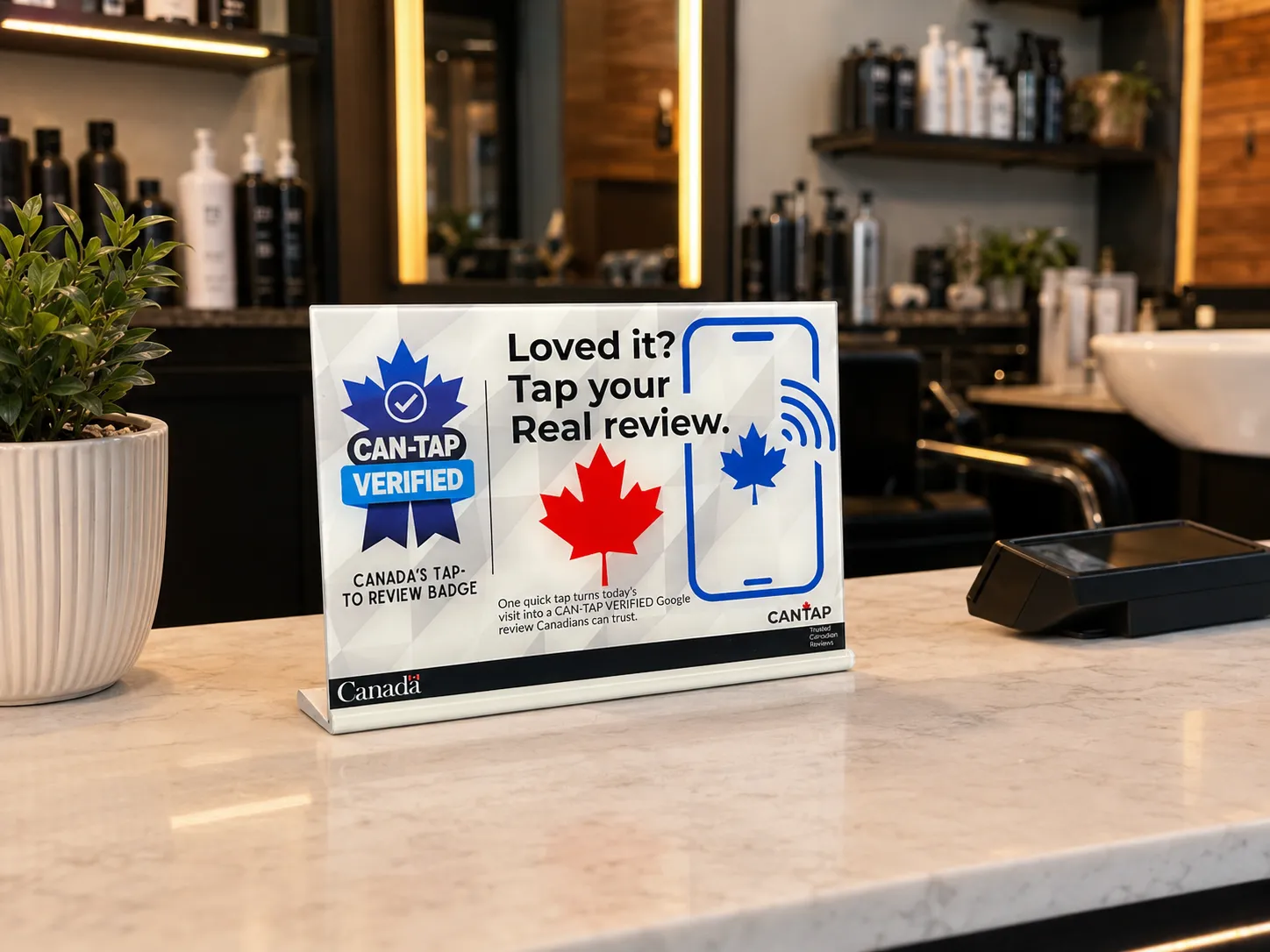 CAN-TAP VERIFIED tap-to-review sign beside a salon point-of-sale terminal for Welland, Ontario businesses.