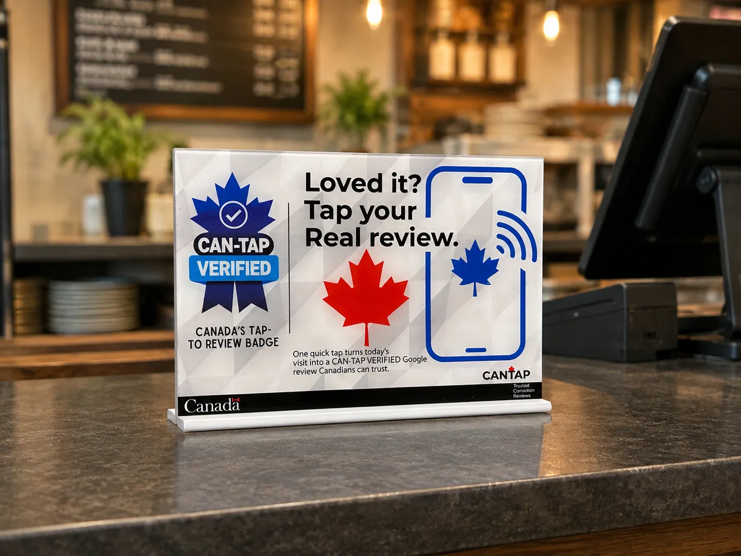 CAN-TAP VERIFIED NFC Google review sign positioned at a coffee shop checkout counter in St. Catharines, Ontario.